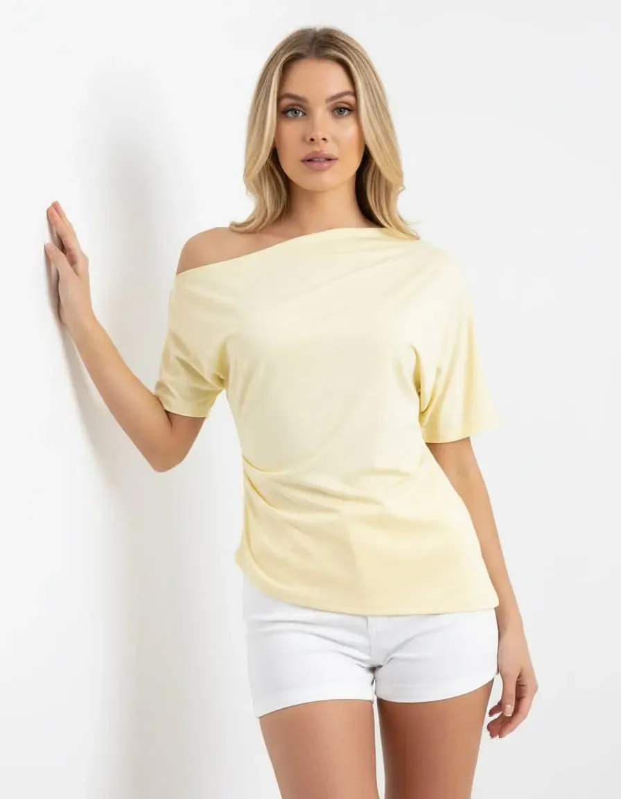 Kadın Kayık Yaka Asimetrik Kesim Büzgülü Penye Bluz 13017