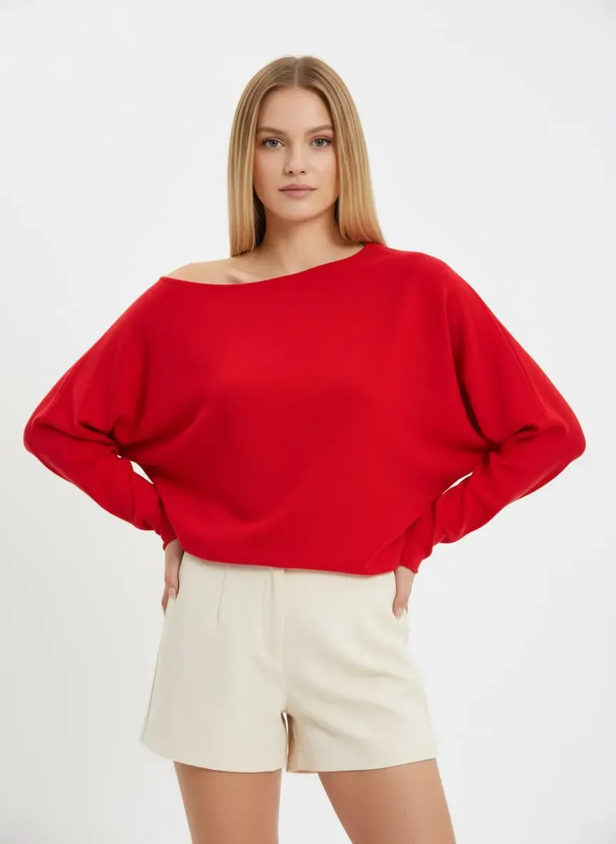 Kadın Kayık Yaka Asimetrik Rib Kesim Premium İplik Triko Kazak 12409