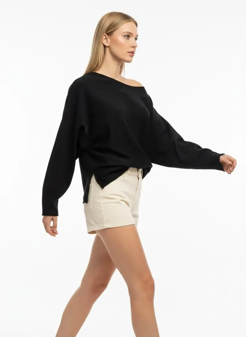 Kadın Kayık Yaka Asimetrik Rib Kesim Premium İplik Triko Kazak 12409