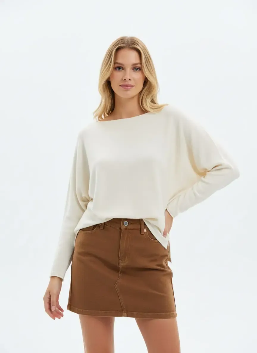 Kadın Kayık Yaka Asimetrik Rib Kesim Premium İplik Triko Kazak 12409