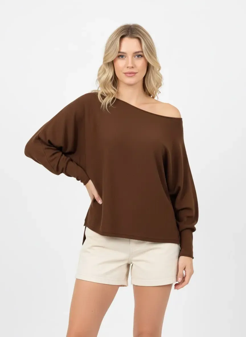 Kadın Kayık Yaka Asimetrik Rib Kesim Premium İplik Triko Kazak 12409