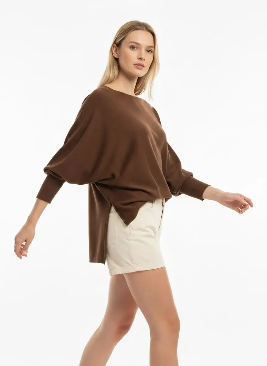 Kadın Kayık Yaka Asimetrik Rib Kesim Premium İplik Triko Kazak 12409