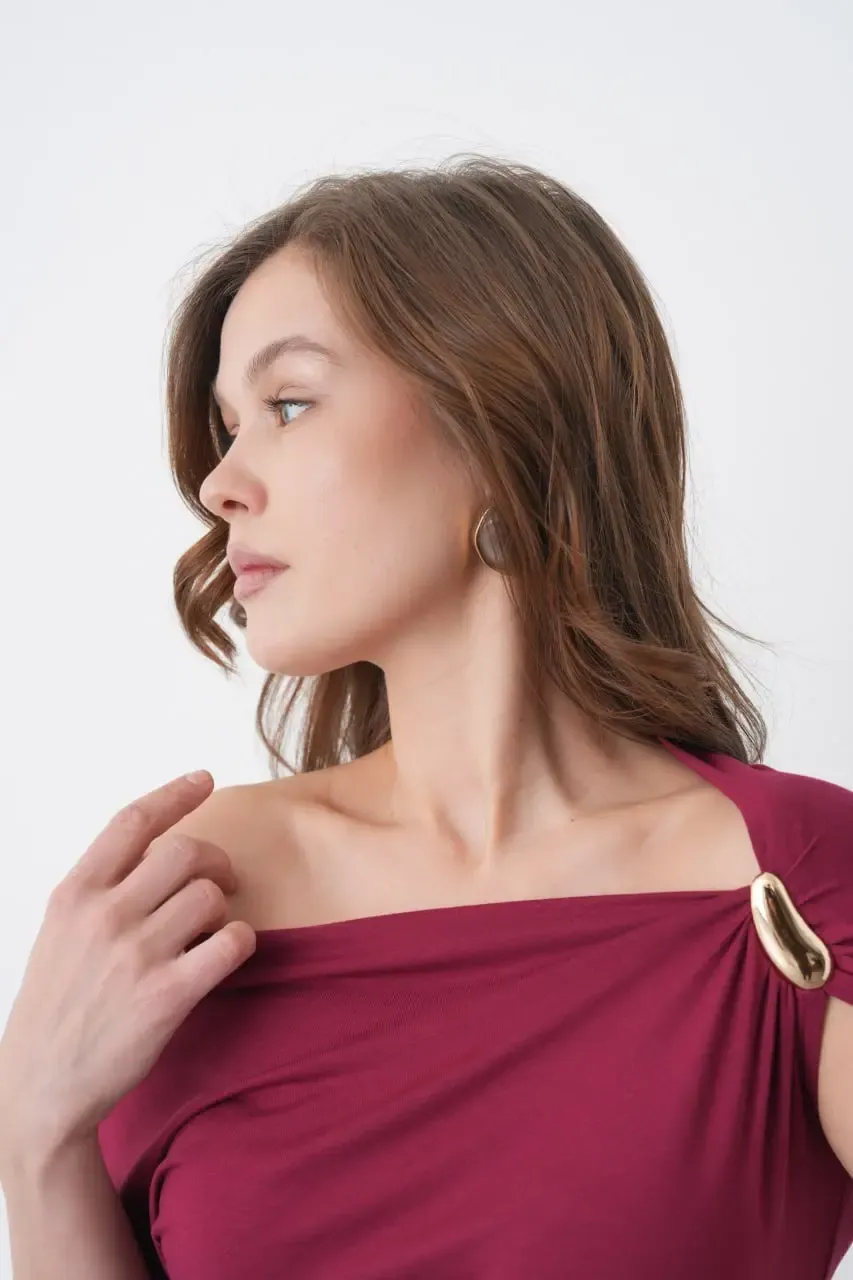 Kadın Kayık Yaka Büzgülü Omuz Detay Aksesuarlı Tasarım Modal Touch Bluz 13012