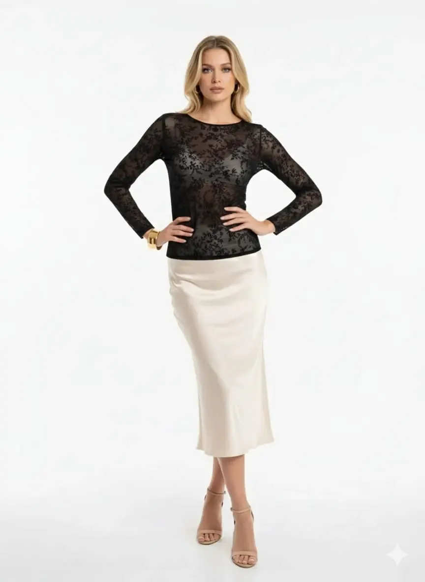 Kadın Kayık Yaka Flog Baskı Tül Bluz 13007