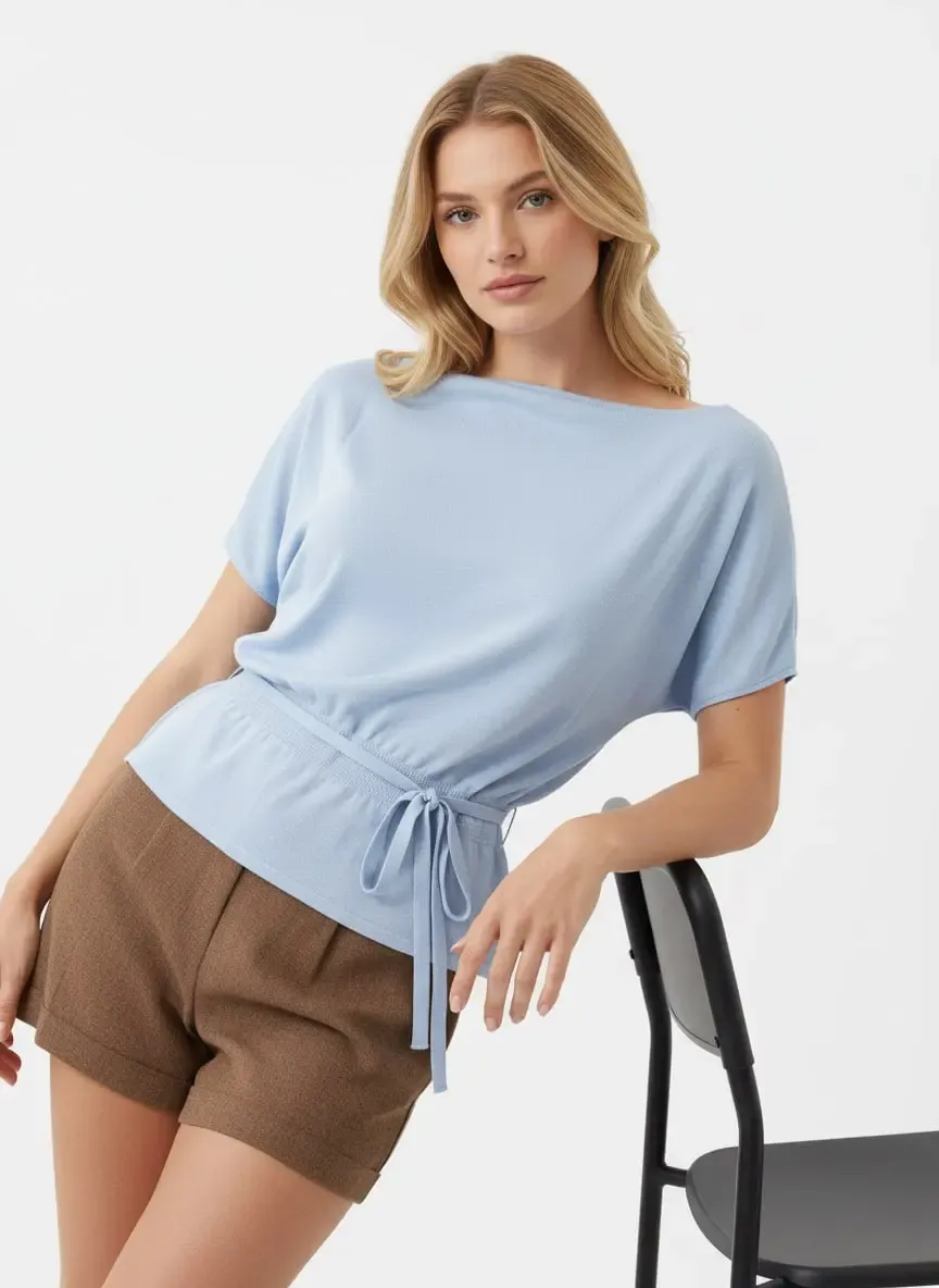 Kadın Kayık Yaka Gipeli Yarasa Kol Viskon Trik Kazak 12466.Vrt