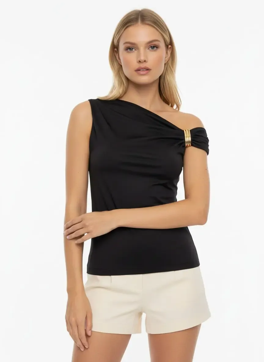 Kadın Kayık Yaka Omuzları Büzgülü Detay Tokalı Slim Fit Modal Bluz 26002