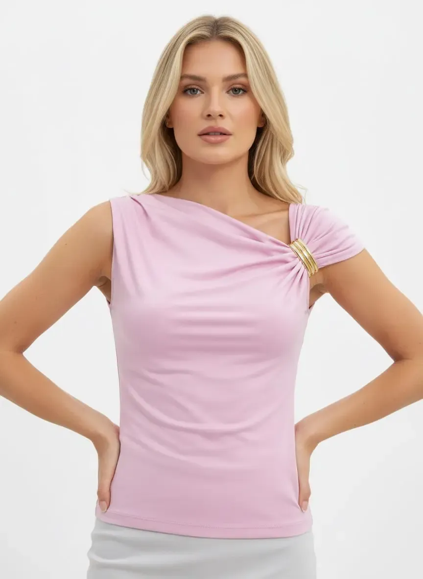 Kadın Kayık Yaka Omuzları Büzgülü Detay Tokalı Slim Fit Modal Bluz 26002