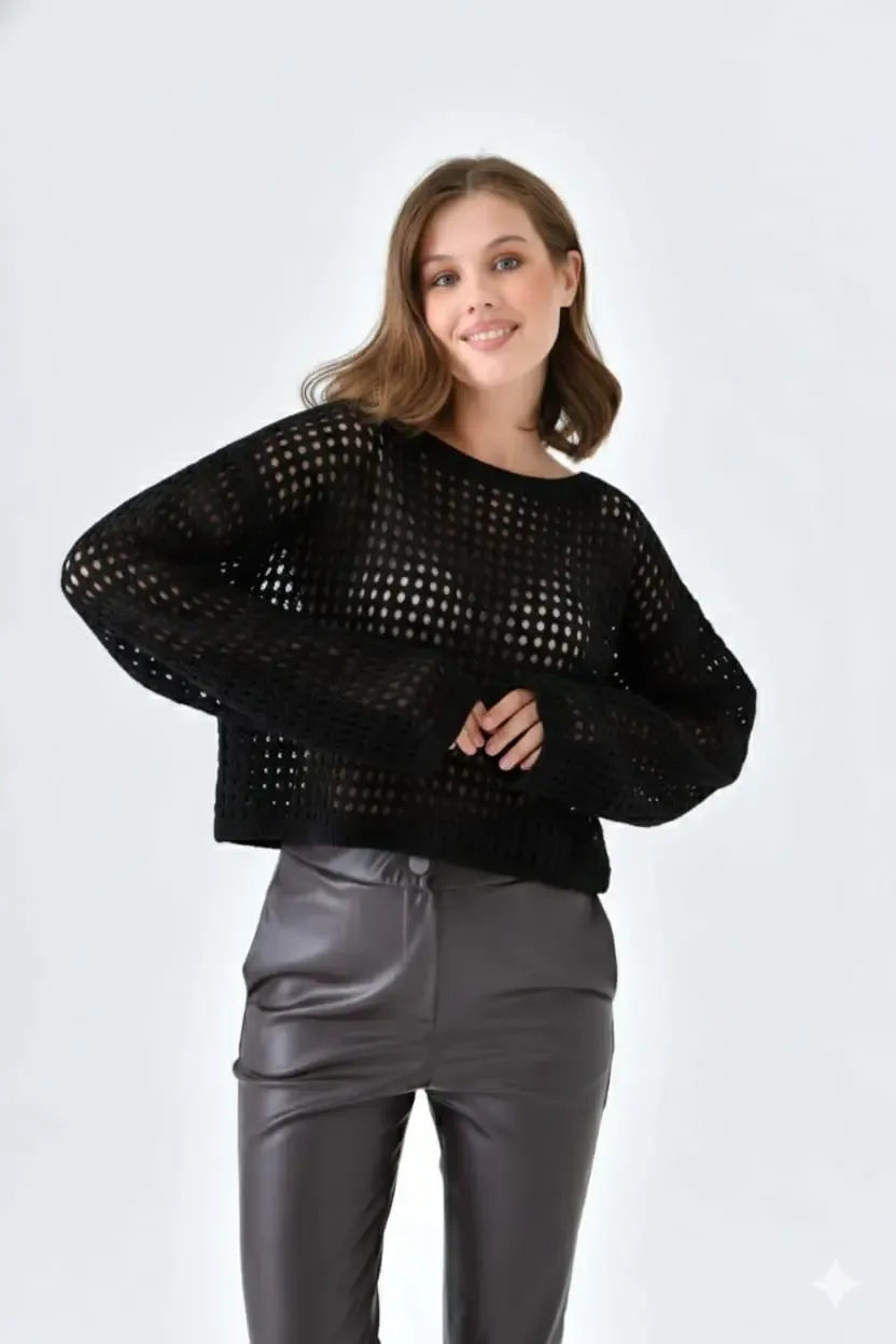 Kadın Kayık Yaka Örgü Detay Simli Crop Triko Kazak