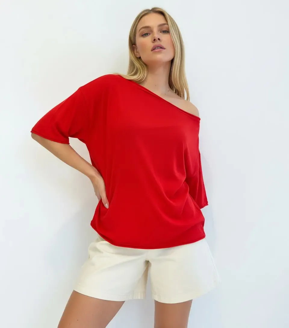 Kadın Kayık Yaka Salaş Viskon Triko Bluz 12425.Vrt