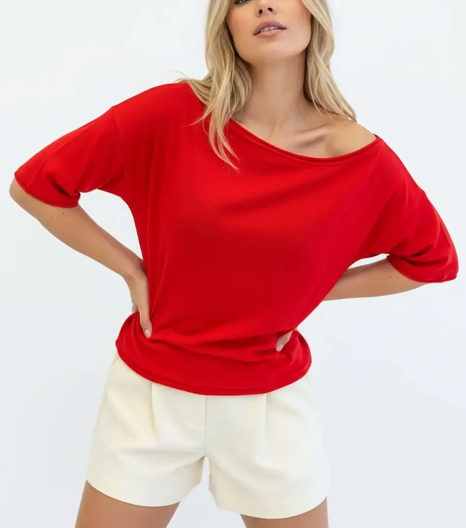 Kadın Kayık Yaka Salaş Viskon Triko Bluz 12425.Vrt