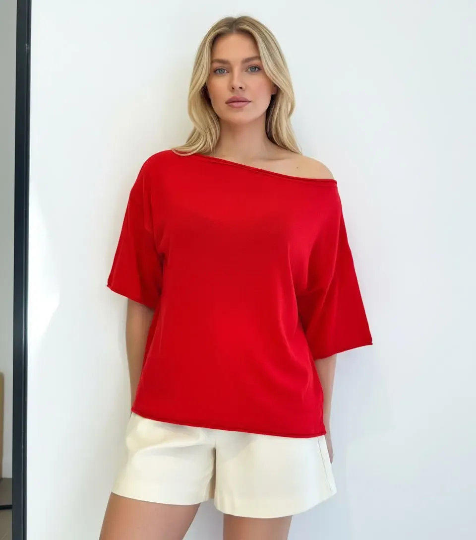 Kadın Kayık Yaka Salaş Viskon Triko Bluz 12425.Vrt