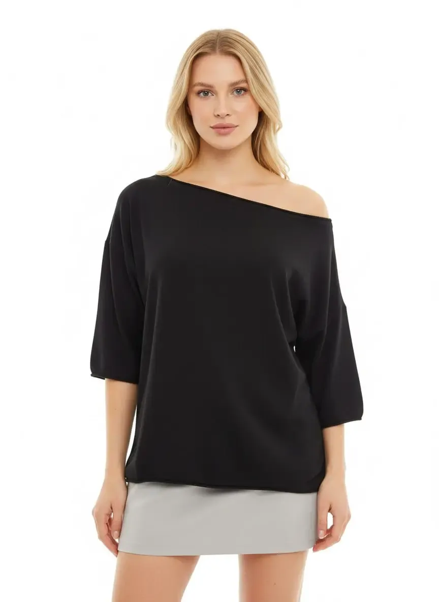 Kadın Kayık Yaka Salaş Viskon Triko Bluz 12425.Vrt