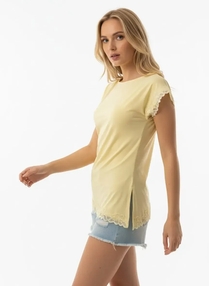 Kadın Kayık Yaka Yanı Büzgülü Yırtmaçlı Dantel Detay Penye Bluz 13016