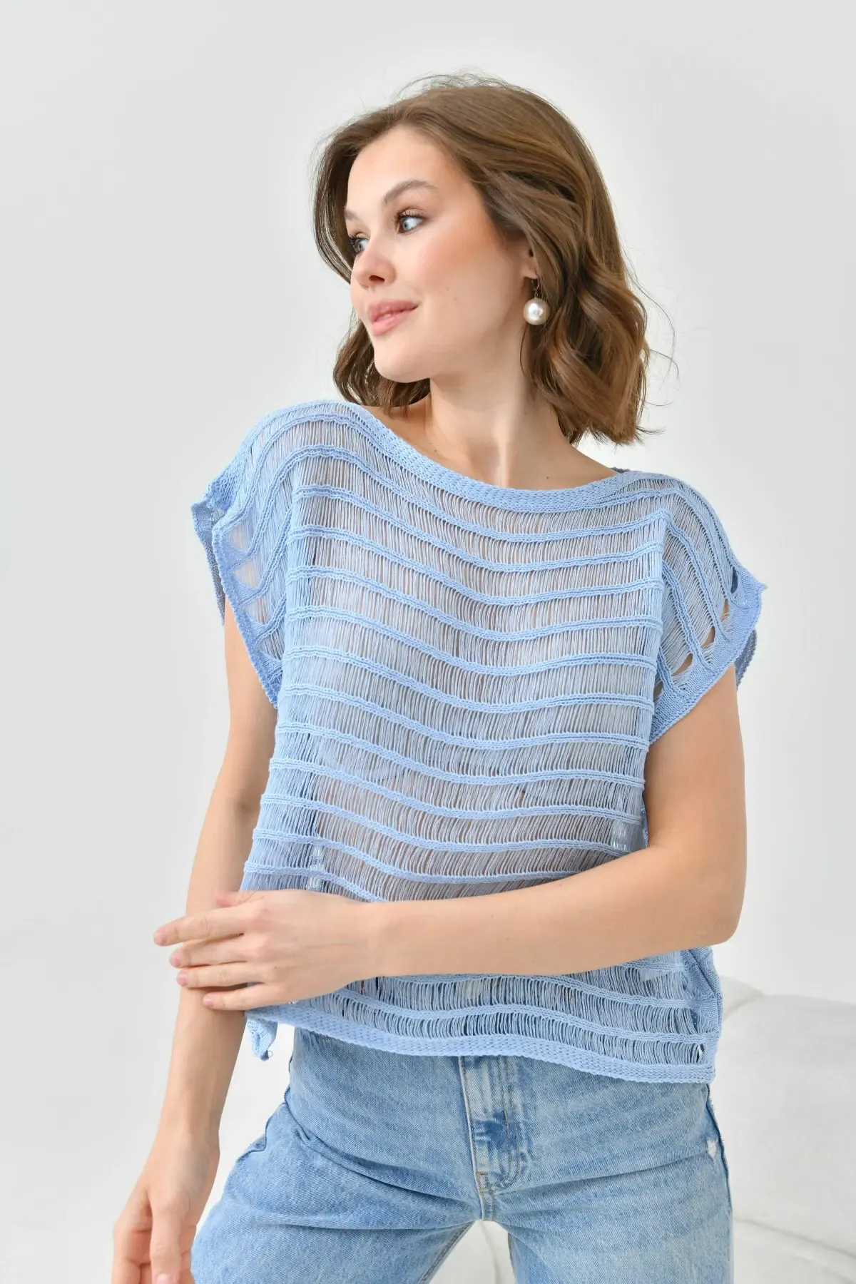 Kadın Mavi Ajurlu Kayık Yaka Salaş Triko Bluz