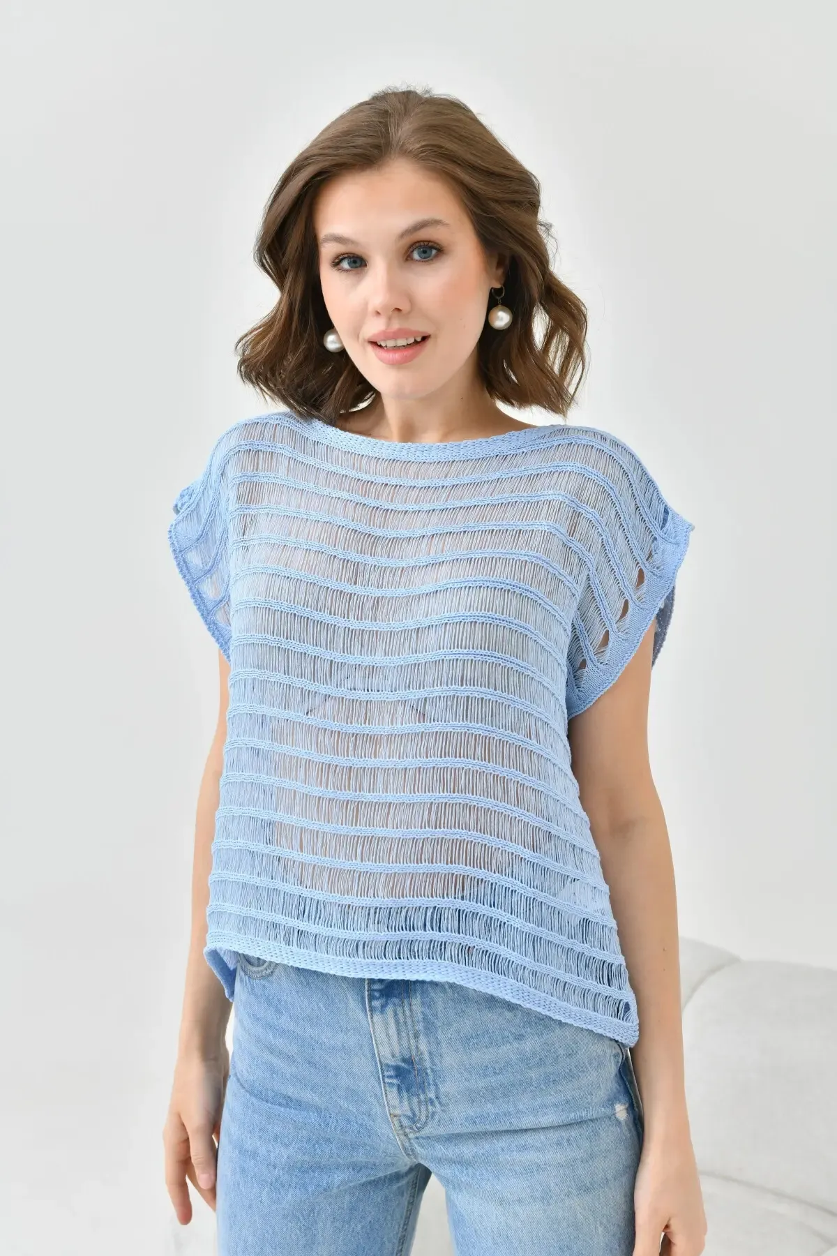 Kadın Mavi Ajurlu Kayık Yaka Salaş Triko Bluz