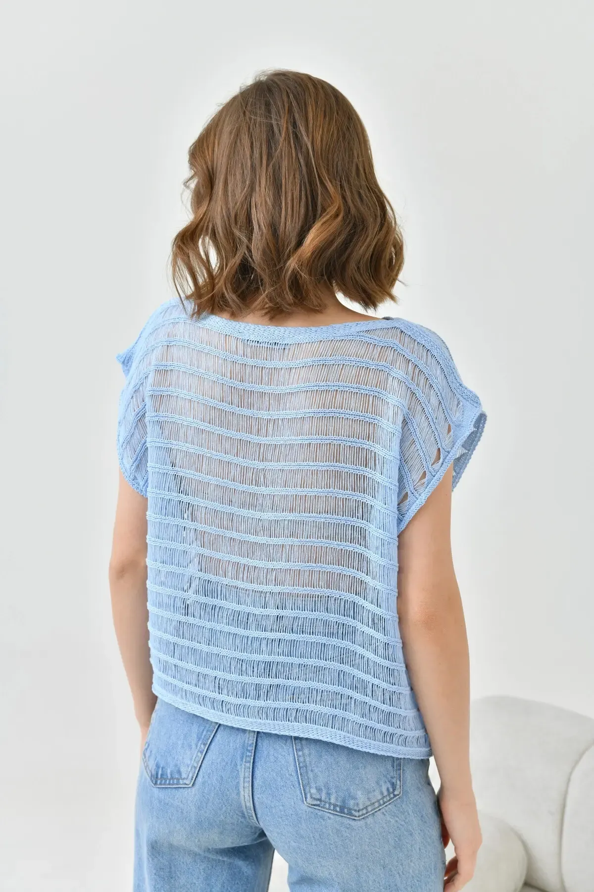 Kadın Mavi Ajurlu Kayık Yaka Salaş Triko Bluz