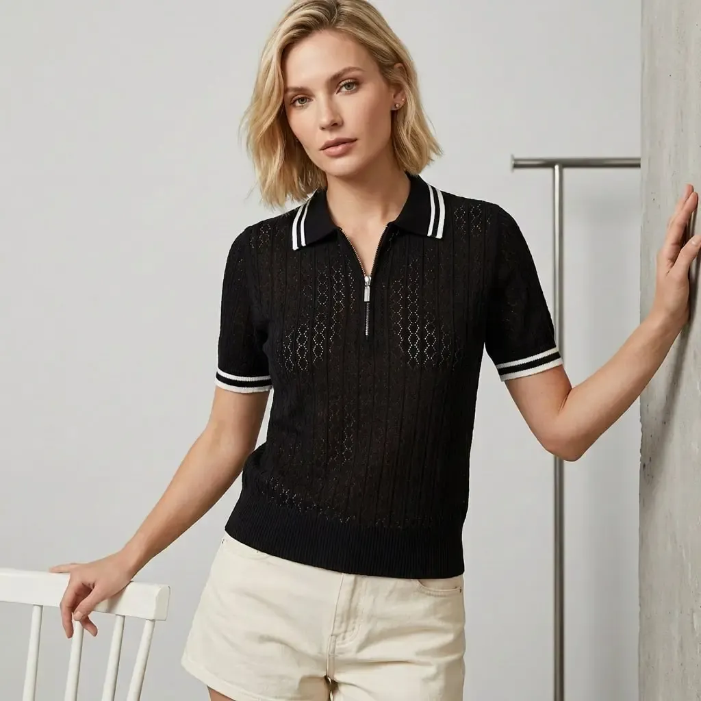 Kadın Pol Yaka Ajurlu Çizgi Detay Triko Kazak 12470