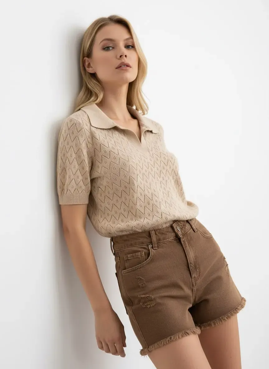 Kadın Polo Yaka Ajurlu Örgü Detay Triko Kazak 12145