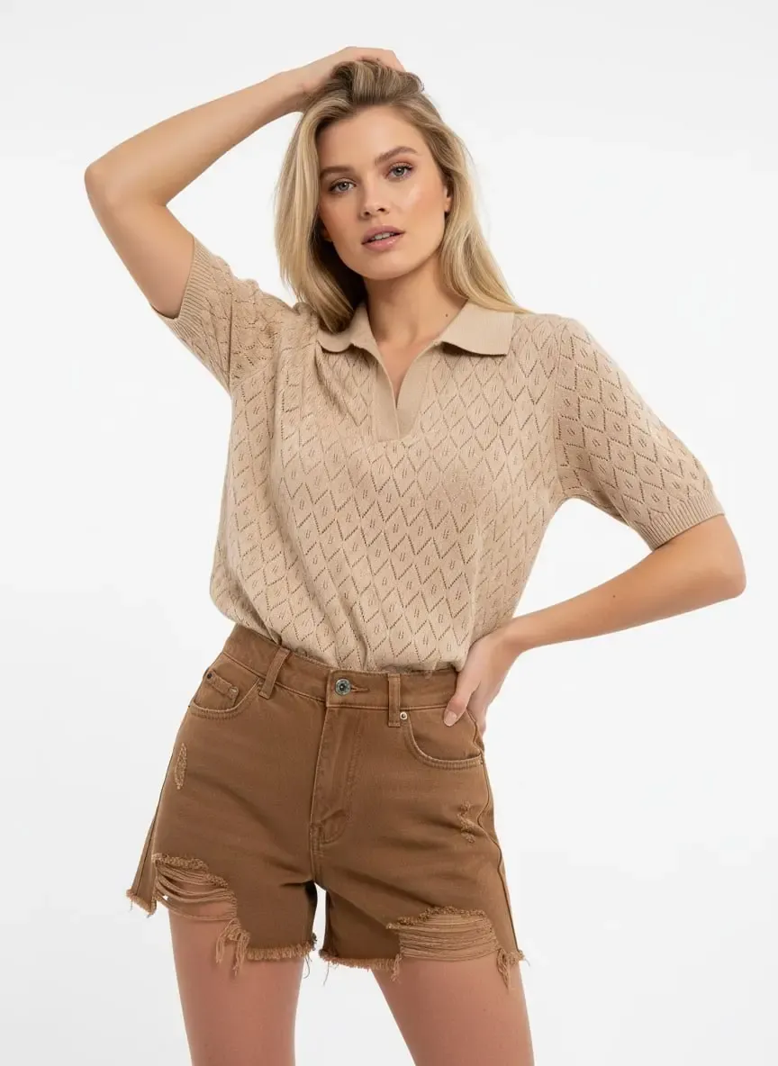 Kadın Polo Yaka Ajurlu Örgü Detay Triko Kazak 12145