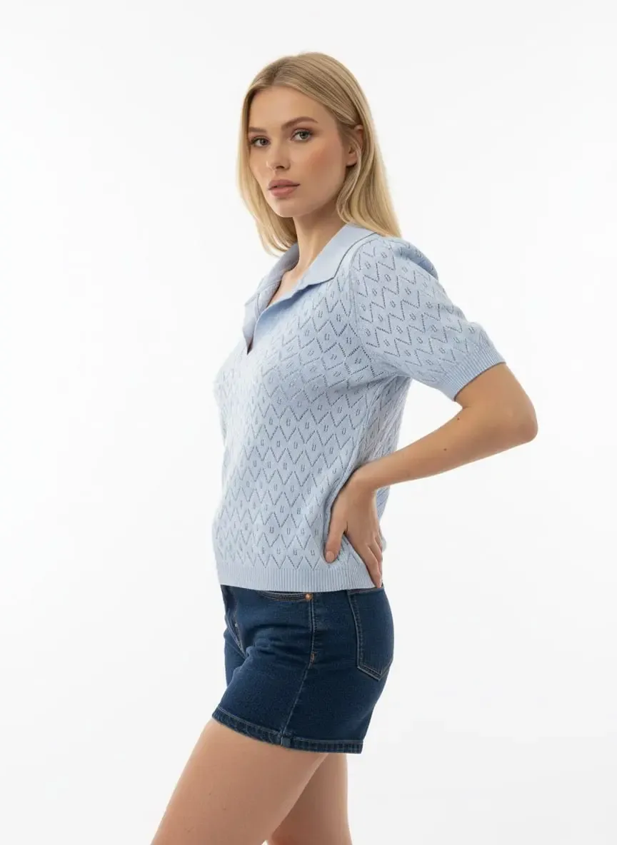 Kadın Polo Yaka Ajurlu Örgü Detay Triko Kazak 12145