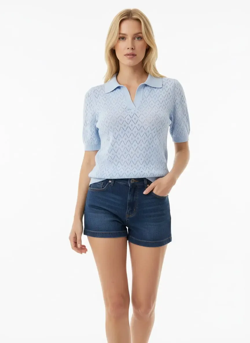 Kadın Polo Yaka Ajurlu Örgü Detay Triko Kazak 12145