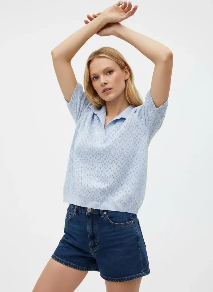 Kadın Polo Yaka Ajurlu Örgü Detay Triko Kazak 12145