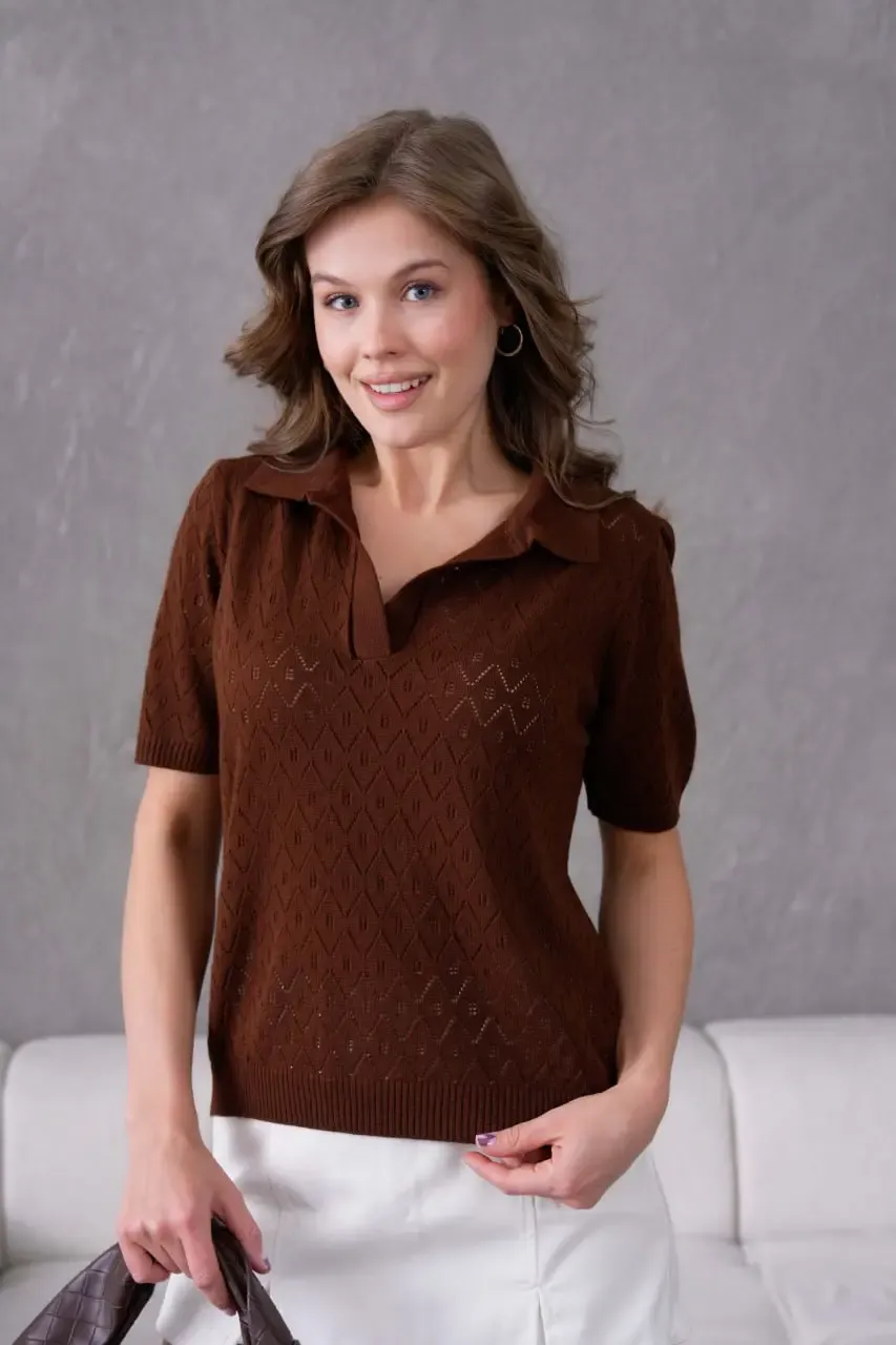 Kadın Polo Yaka Ajurlu Örgü Detay Triko Kazak 12145