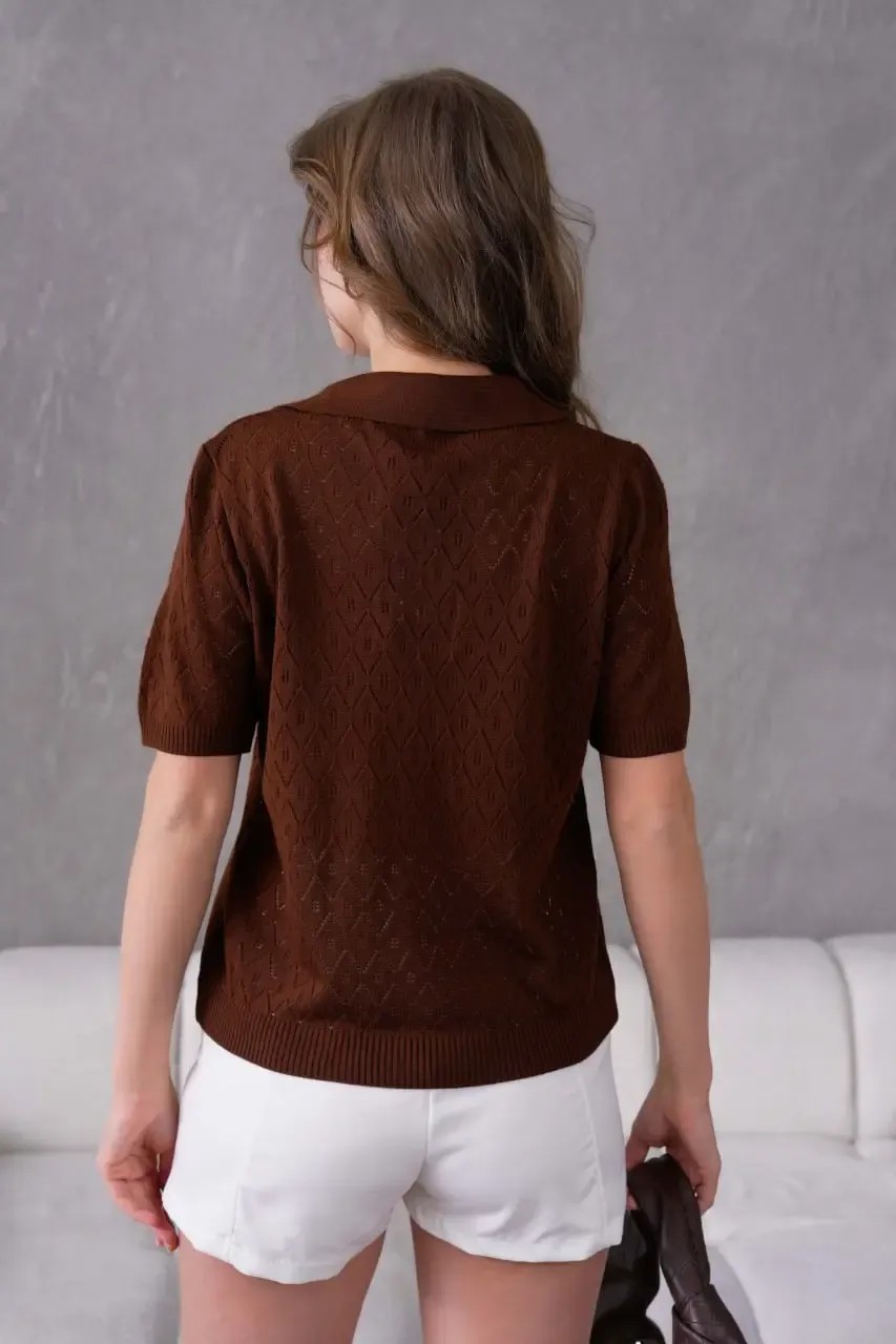 Kadın Polo Yaka Ajurlu Örgü Detay Triko Kazak 12145