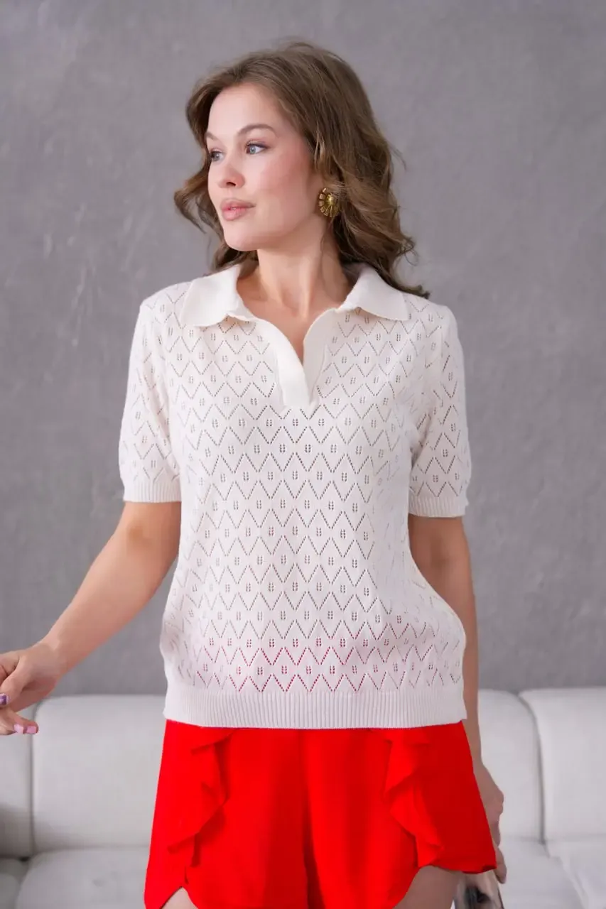 Kadın Polo Yaka Ajurlu Örgü Detay Triko Kazak 12145