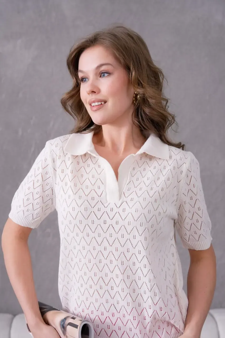 Kadın Polo Yaka Ajurlu Örgü Detay Triko Kazak 12145