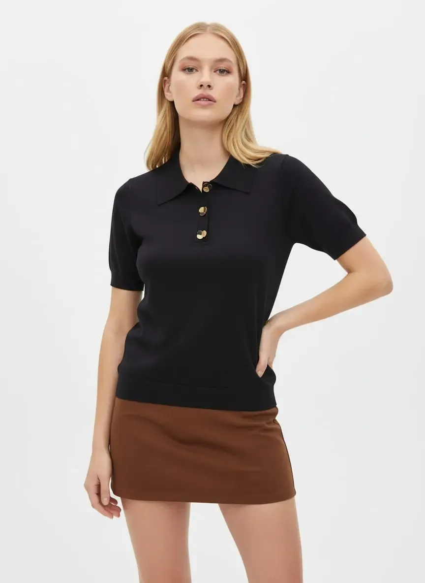 Kadın Polo Yaka Aksesuar Detay Premium İplik Triko Kazak 12421.Crs