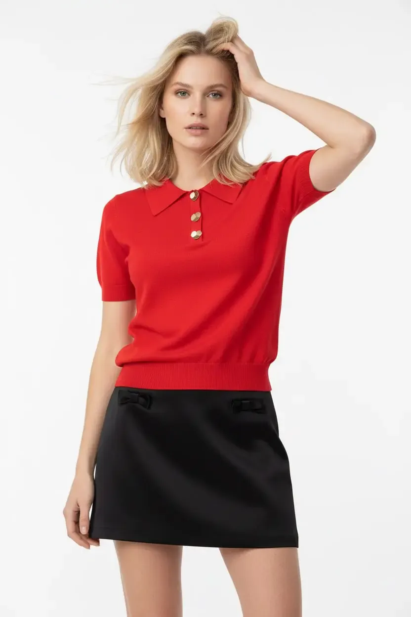 Kadın Polo Yaka Aksesuar Detay Premium İplik Triko Kazak 12421.Crs