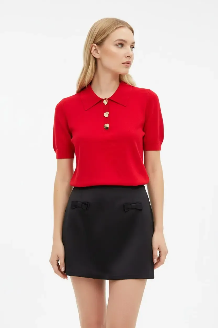 Kadın Polo Yaka Aksesuar Detay Premium İplik Triko Kazak 12421.Crs