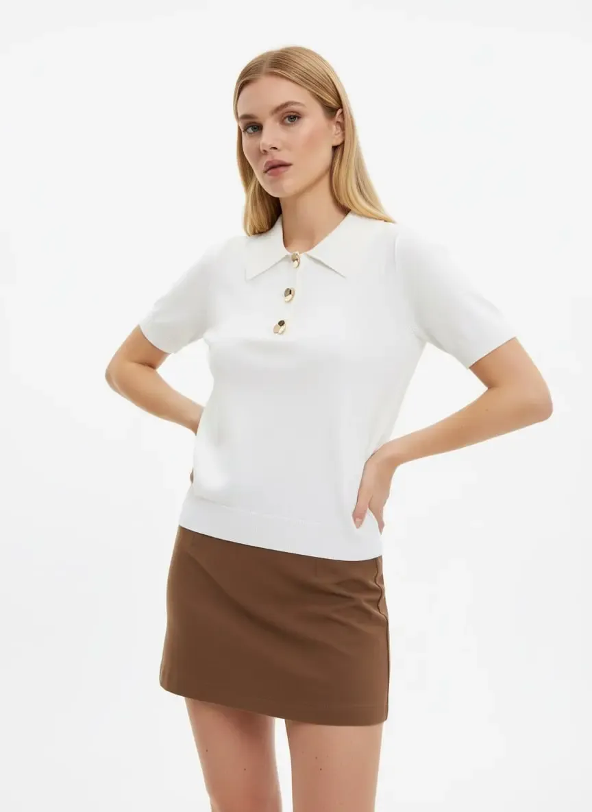 Kadın Polo Yaka Aksesuar Detay Premium İplik Triko Kazak 12421.Crs