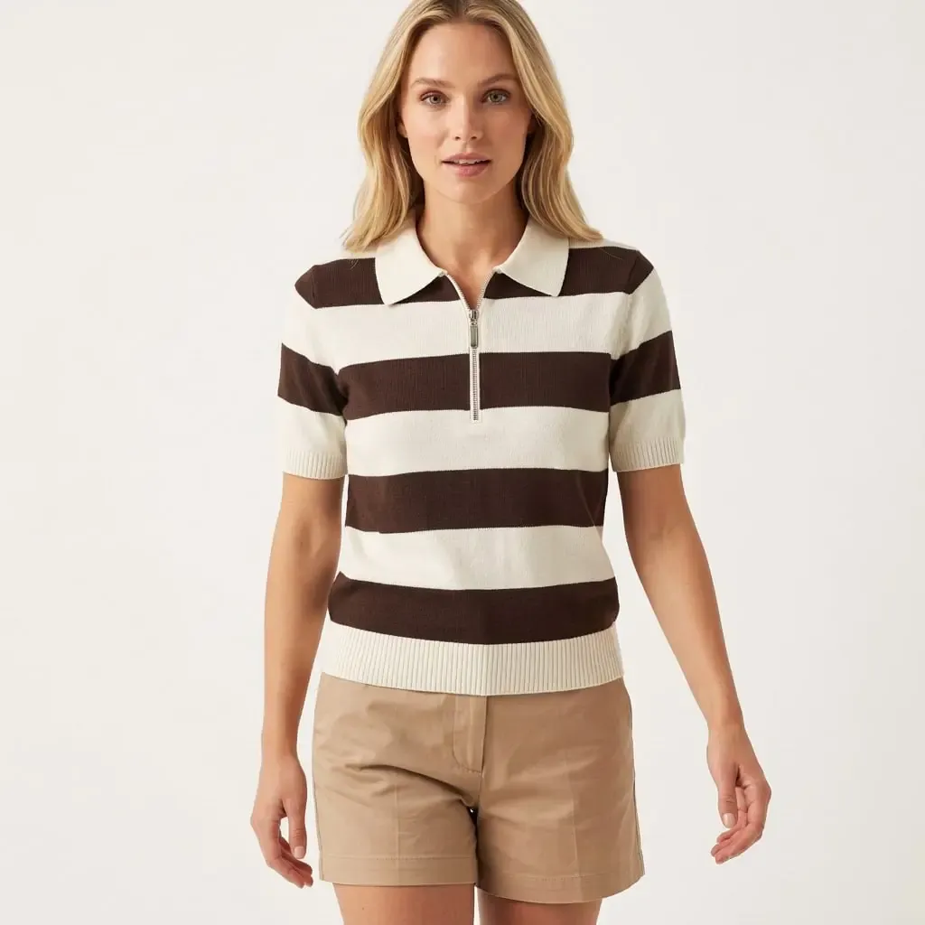 Kadın Polo Yaka Çizgi Desenli Fermuarlı Triko Kazak 12460