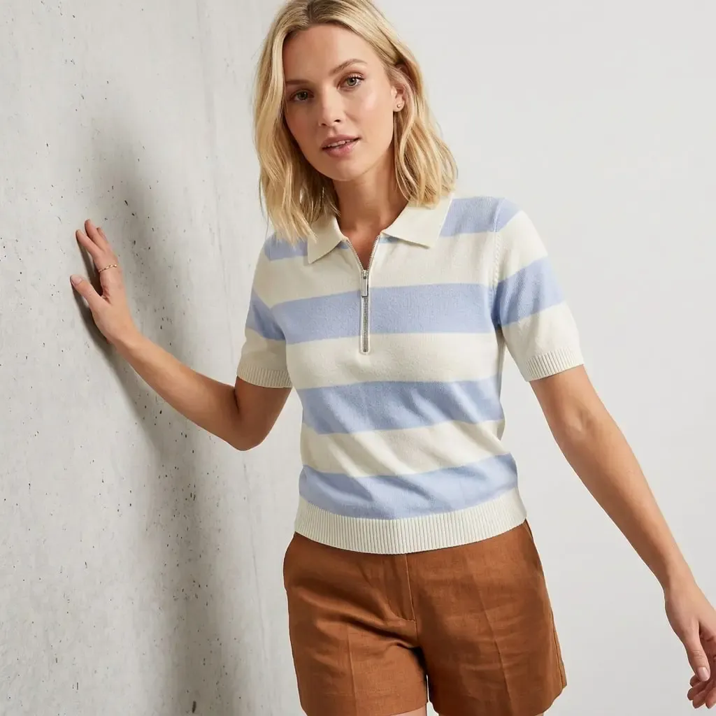 Kadın Polo Yaka Çizgi Desenli Fermuarlı Triko Kazak 12460