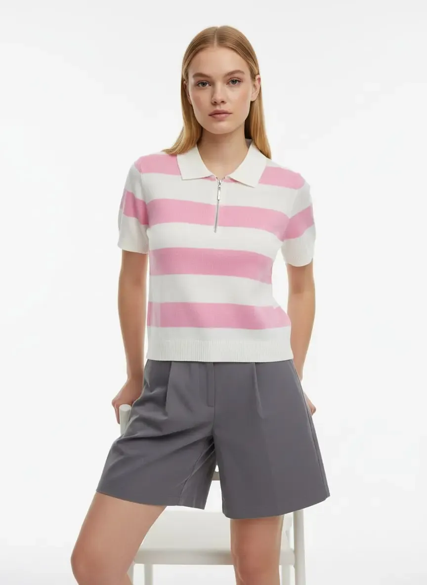 Kadın Polo Yaka Çizgi Desenli Fermuarlı Triko Kazak 12460