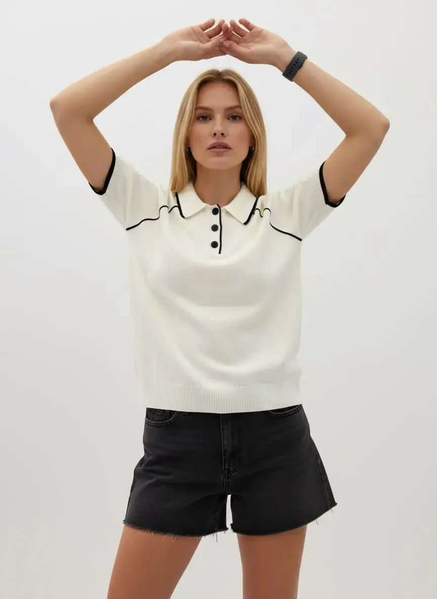 Kadın Polo Yaka Çizgi Detay Düğmeli Triko Kazak 12432