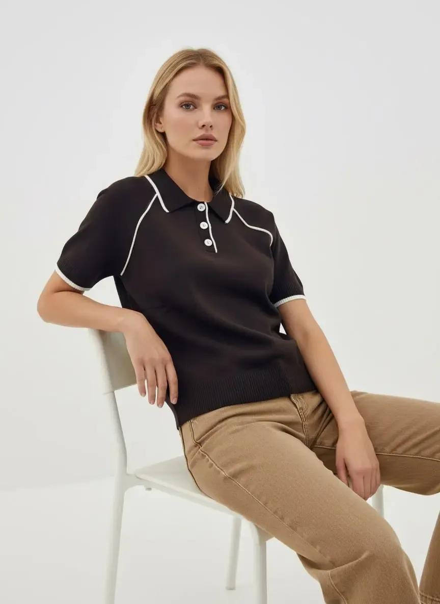 Kadın Polo Yaka Çizgi Detay Düğmeli Triko Kazak 12432