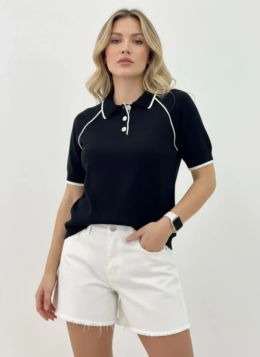 Kadın Polo Yaka Çizgi Detay Düğmeli Triko Kazak 12432