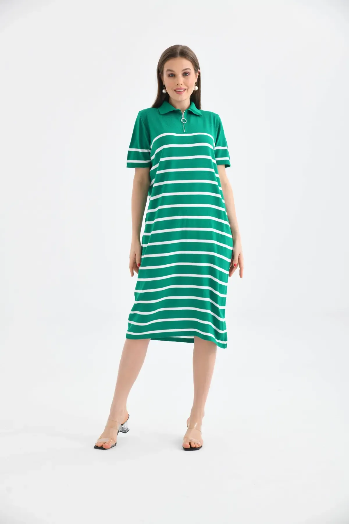 Kadın Polo Yaka Çizgili Maksi Boy Triko Elbise 10027