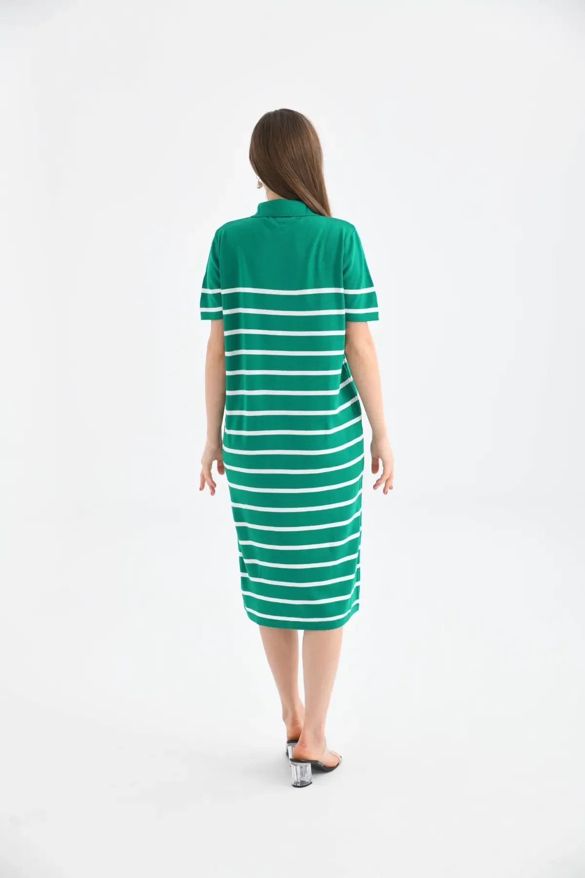 Kadın Polo Yaka Çizgili Maksi Boy Triko Elbise 10027