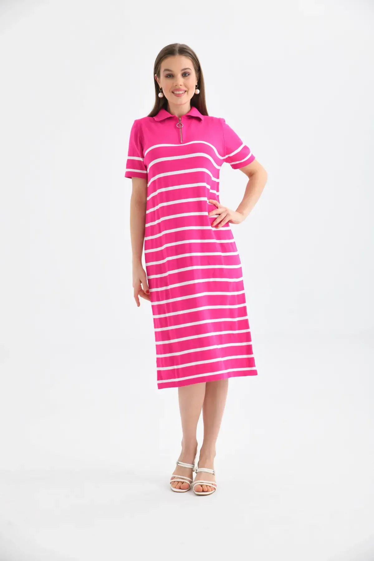 Kadın Polo Yaka Çizgili Maksi Boy Triko Elbise 10027