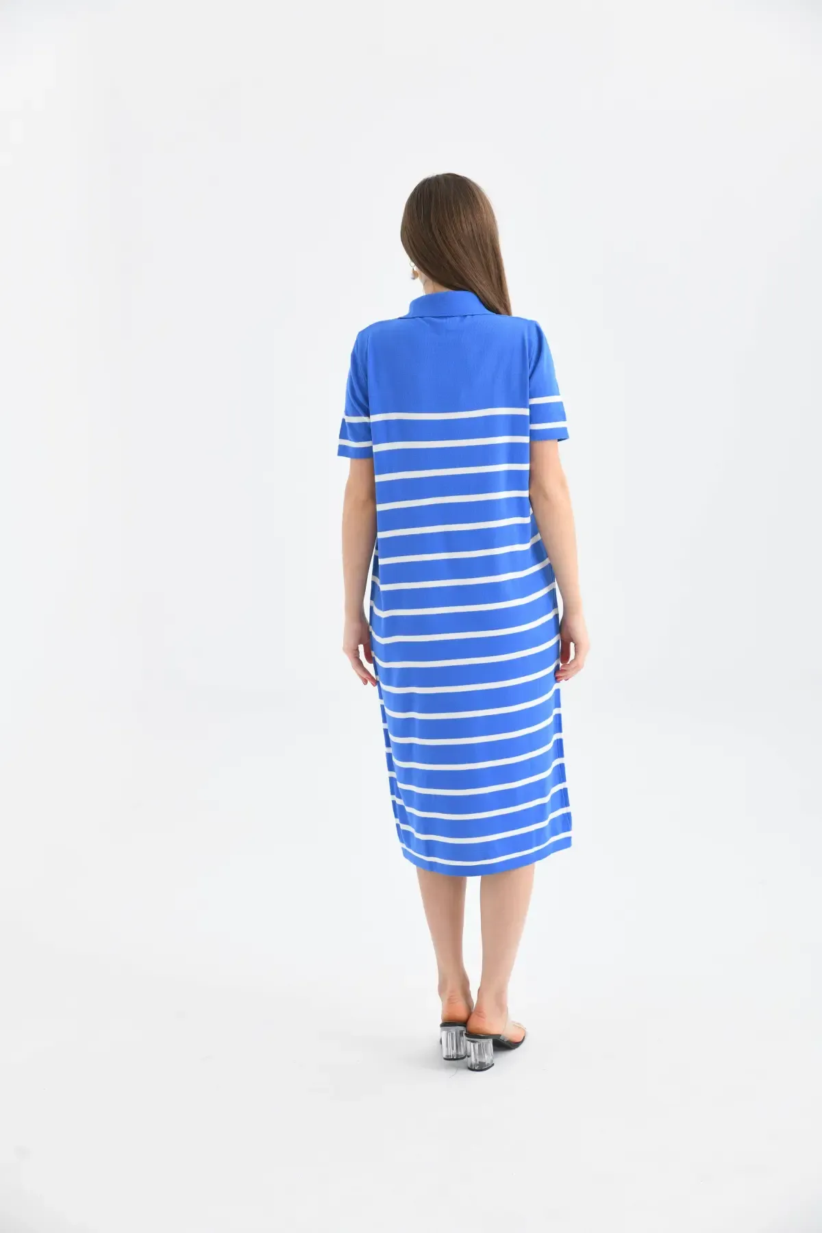 Kadın Polo Yaka Çizgili Maksi Boy Triko Elbise 10027