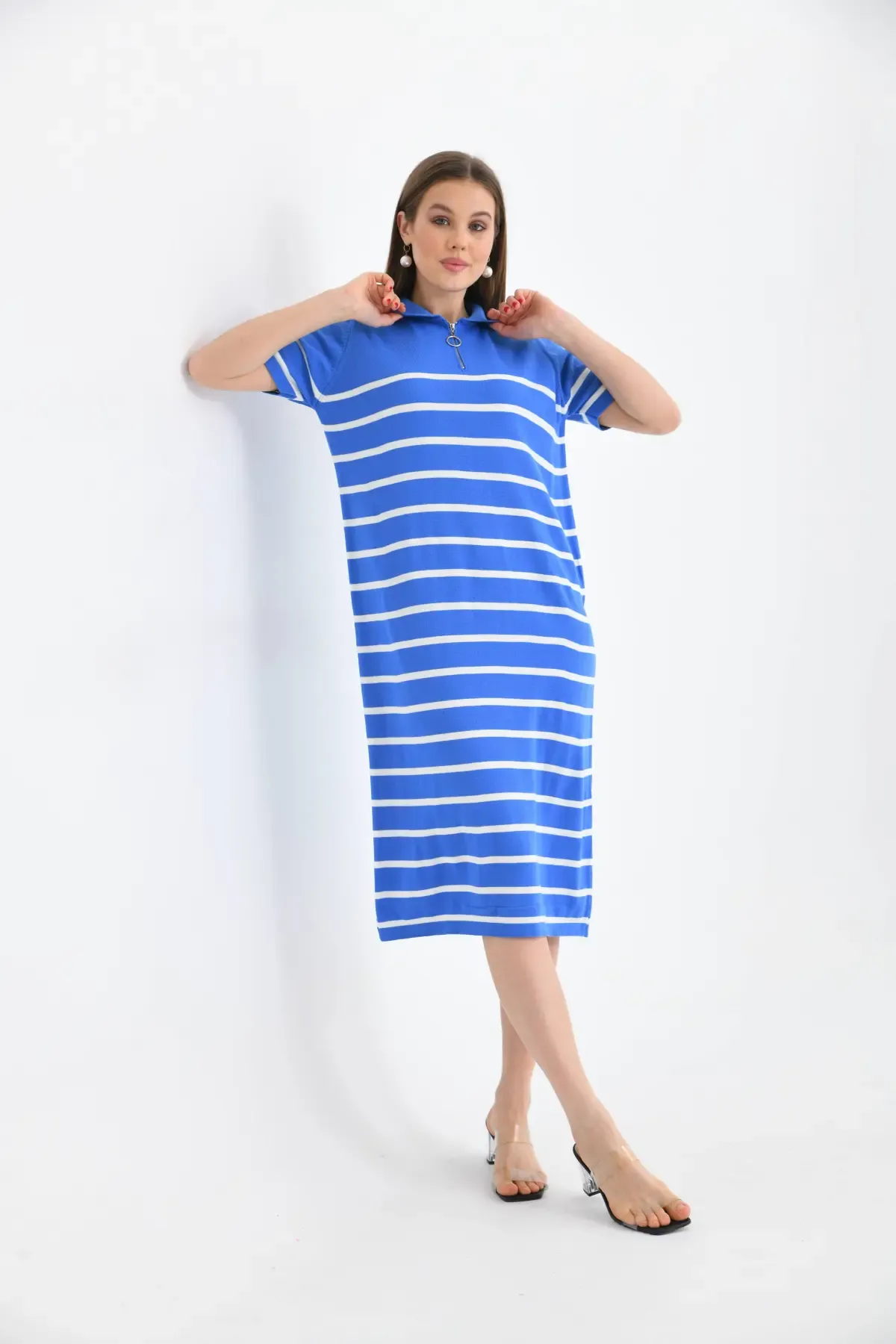Kadın Polo Yaka Çizgili Maksi Boy Triko Elbise 10027