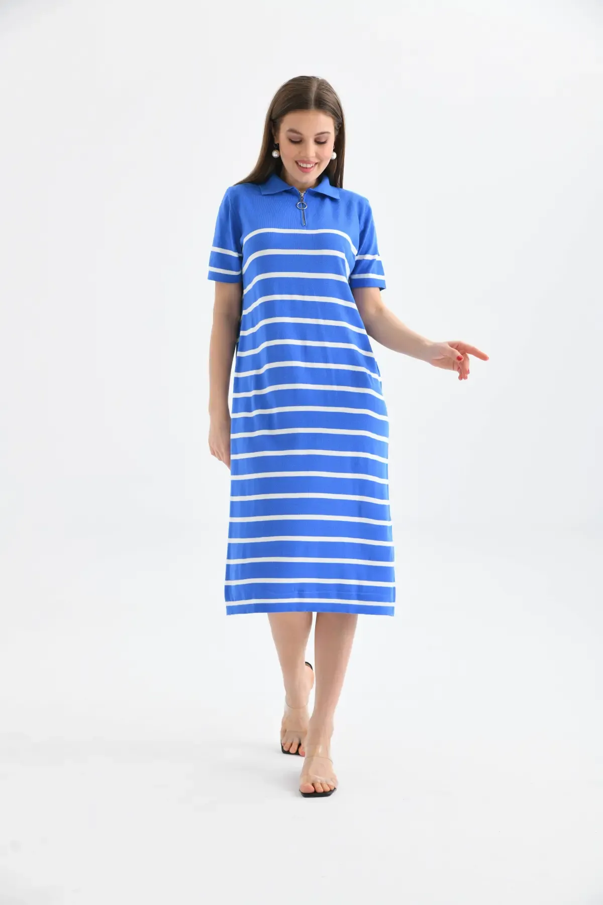 Kadın Polo Yaka Çizgili Maksi Boy Triko Elbise 10027