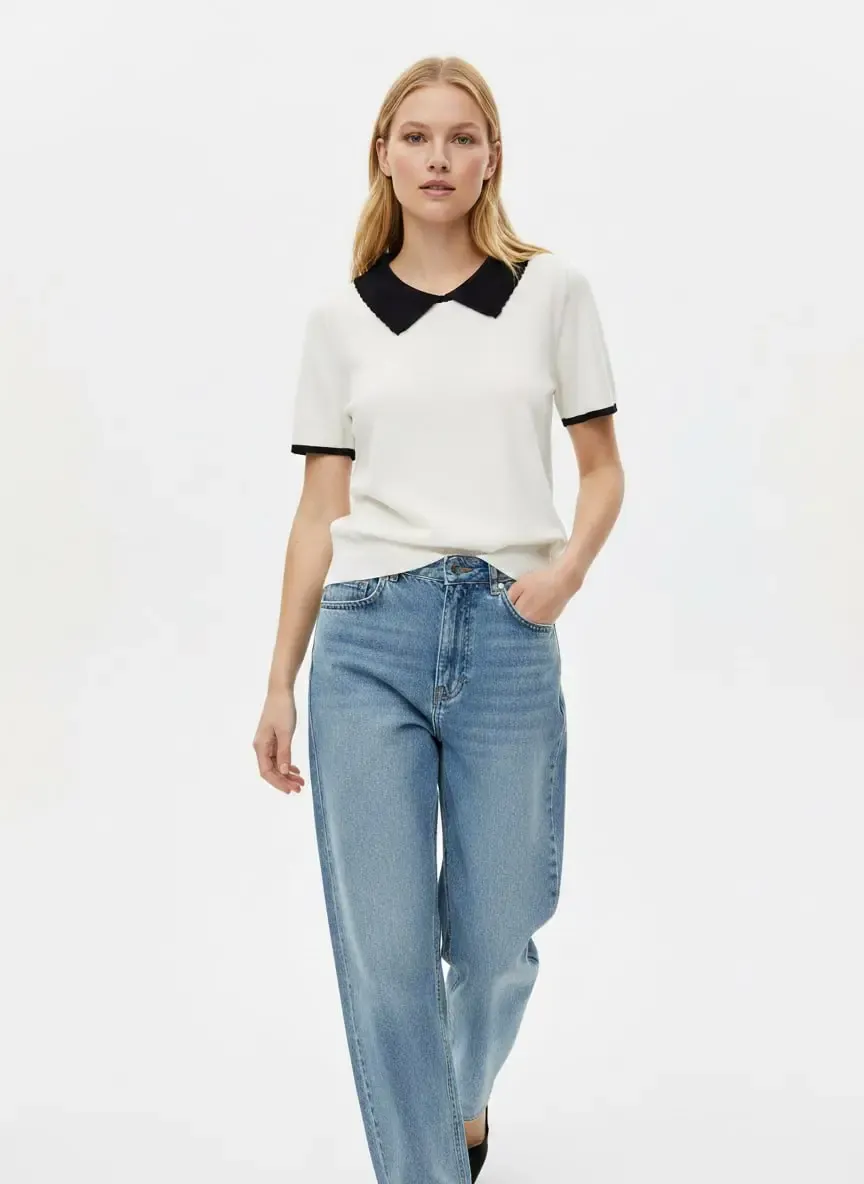 Kadın Polo Yaka Detay Premium İplik Triko Kazak 12428.Crs