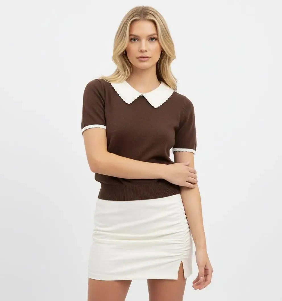 Kadın Polo Yaka Detay Premium İplik Triko Kazak 12428.Crs