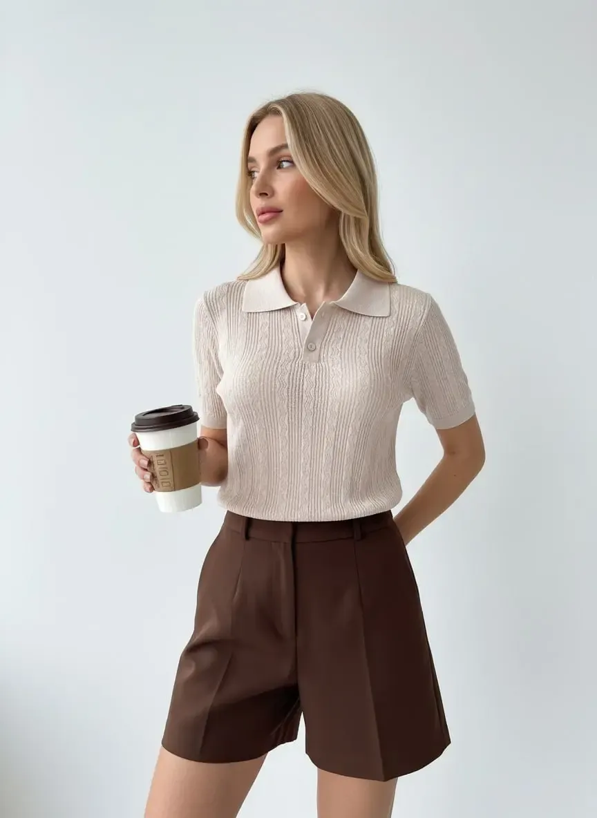 Kadın Polo Yaka Düğme Detay Ajurlu Rayon İplik Triko Kazak 12412.Ocn