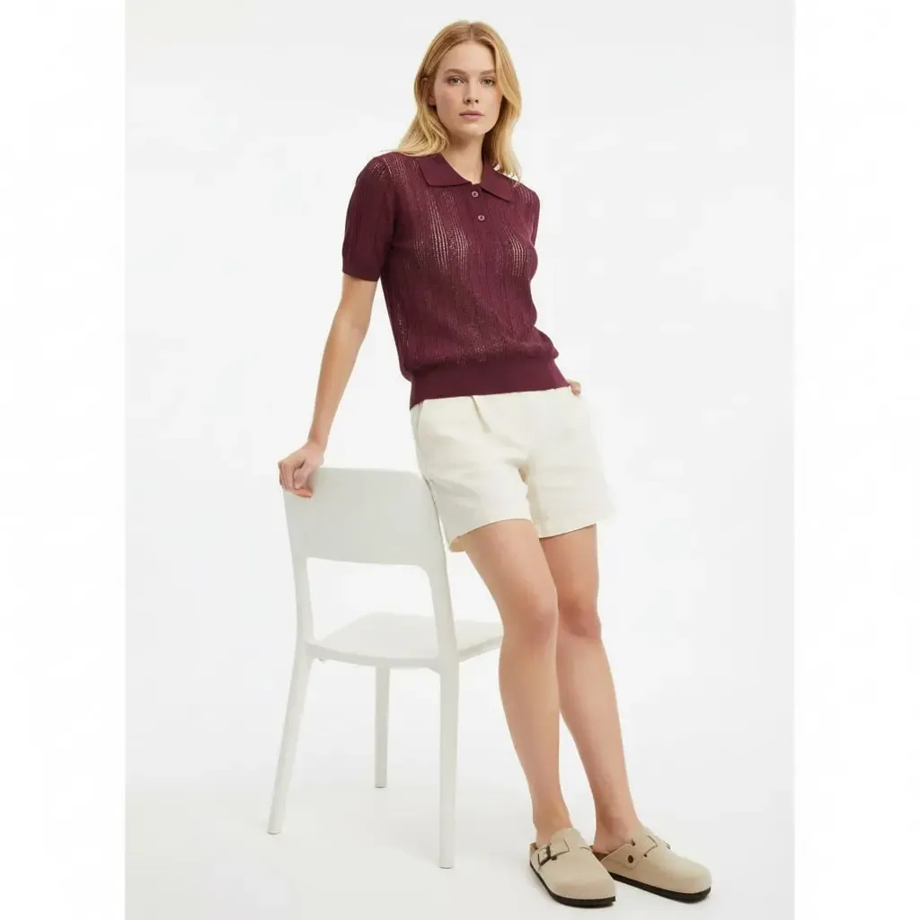 Kadın Polo Yaka Düğme Detay Ajurlu Rayon İplik Triko Kazak 12412.Ocn